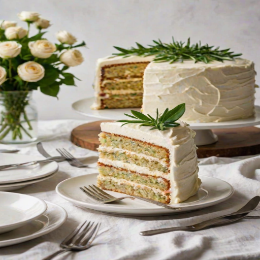 Create an image of a layered cake with cream frosting. The cake should have a slice cut out, revealing its interior. Place the cake on a white plate, with a soft, textured tablecloth underneath. Include a small bowl of frosting and a fork nearby. Add a simple, elegant vase with greenery in the background to enhance the setting.