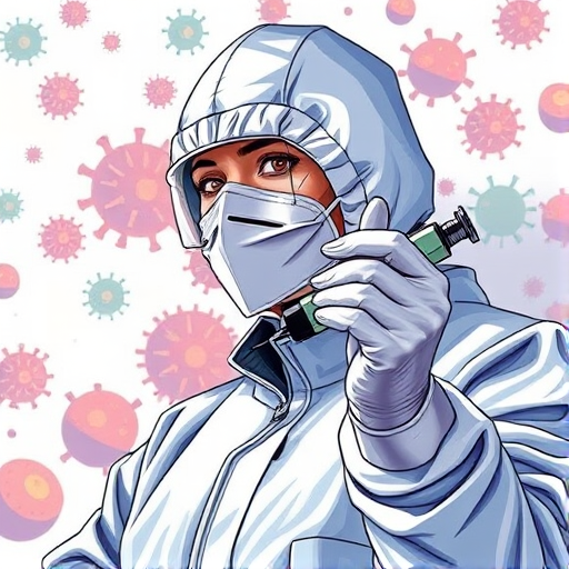 Create a detailed illustration of a person in a protective suit and mask holding a syringe, with a background of stylized virus graphics, using a digital art style, shot from a dynamic angle, with vibrant colors and high contrast, resembling a professional vector graphic design. Use a Wacom tablet for precision in line work and shading, set at 300 DPI resolution for enhanced quality.