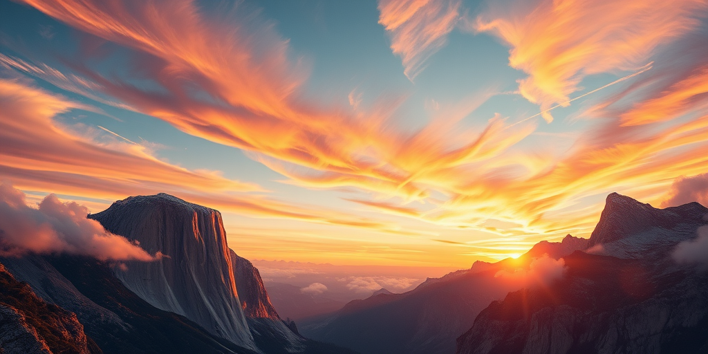 Create a high-resolution digital illustration of a surreal landscape featuring towering mountains, swirling clouds, and a vibrant sky at sunset, captured with a Canon EOS R5, 24mm f/1.4 lens, ISO 100, aperture f/8, shutter speed 1/125 sec, in a wide-angle perspective to enhance depth and detail.