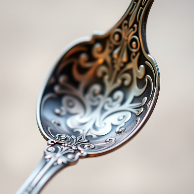 high-resolution close-up of an ornate silver spoon with intricate detailing, soft focus background, natural lighting, aperture f/2.8, shutter speed 1/125s, ISO 100, macro lens, DSLR camera