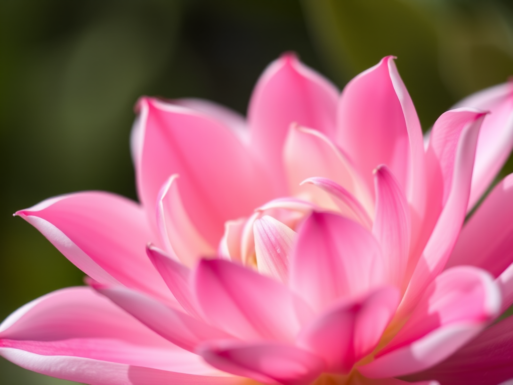 Close-up of a delicate flower with pink and white petals, natural light, 50mm lens, f/2.8 aperture, ISO 100, shallow depth of field, soft bokeh background, DSLR camera.