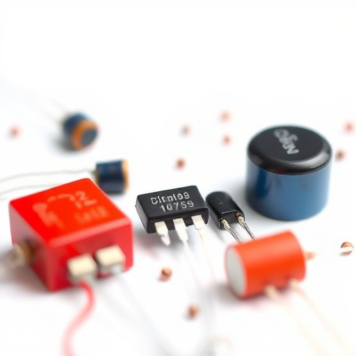 Create a high-quality vector illustration of electronic components including a resistor, diode, transistor, and capacitor with a clean white background, using a macro lens at f/2.8 to provide a shallow depth of field, capturing vibrant colors in natural light for enhanced clarity and detail, digital art style.