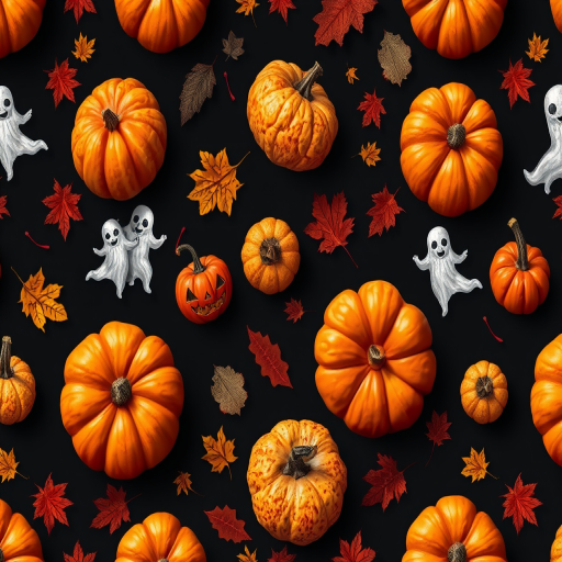 Create a seamless pattern of Halloween-themed elements including various pumpkins, autumn leaves, and ghostly figures on a dark background, shot with a Canon EOS R5, 50mm f/1.8 lens, aperture f/4, ISO 100, using a top-down view and vibrant color settings to enhance quality and detail.