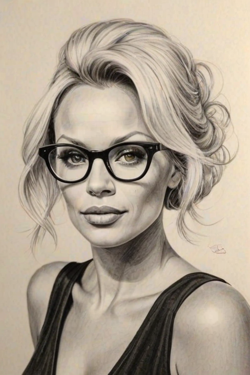 Charming Pamela Anderson, pencil sketch, portrait of Wonderful woman 1920s in glasses, hair style beatnik, outline, clear lines, fine lines, 8k