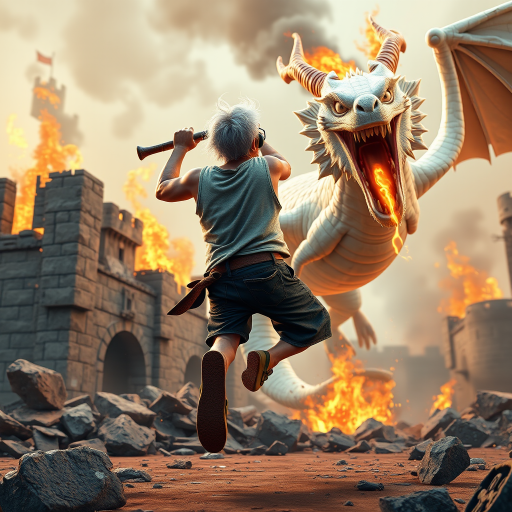 Cartoon 3D High-Resolution,dynamic battle scene using Unreal Engine 5 and Octane Render. The scene features back of an elderly, thai man with a beard,messy hair and round golden-rimmed glasses. He is wearing a tattered tank top with soot marks, shorts, and sandals. sweating. he wields a baseball bat. He jump to fight with a white fire-breathing Europe dragon amidst a partially destroyed stone castle. Include intense flames, smoke, and debris to enhance the dramatic effect.