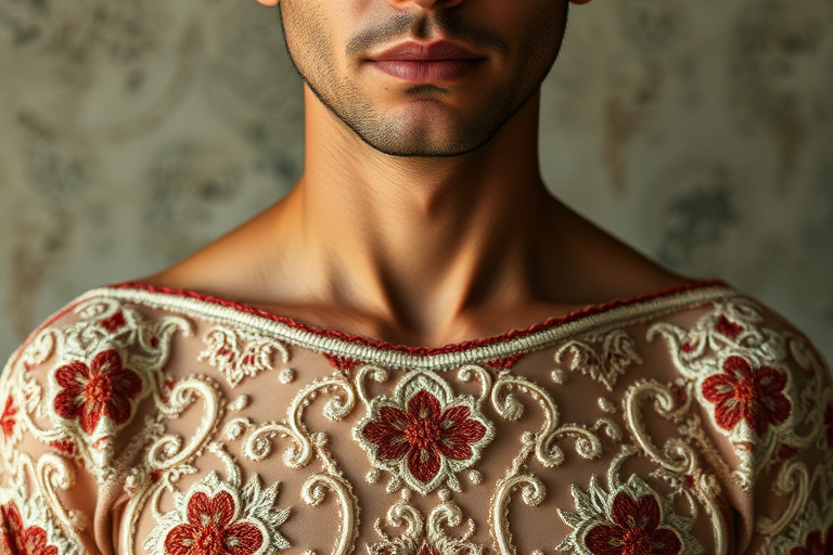 Face, shoulders, chest covered in openwork Sephardic embroidery. Raw, unedited image.