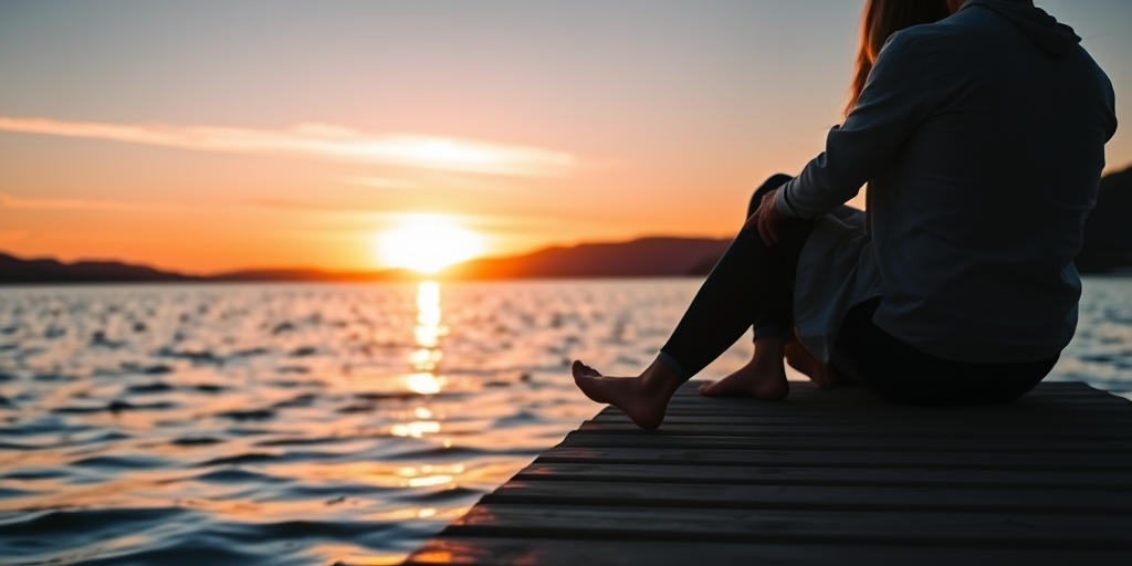 Warmly lit image of a couple sitting on a dock at sunset, their feet dangling over the water, soft glow from the setting sun reflecting off the lake, distant mountains silhouetted against the sky, a peaceful breeze gently rippling the water.