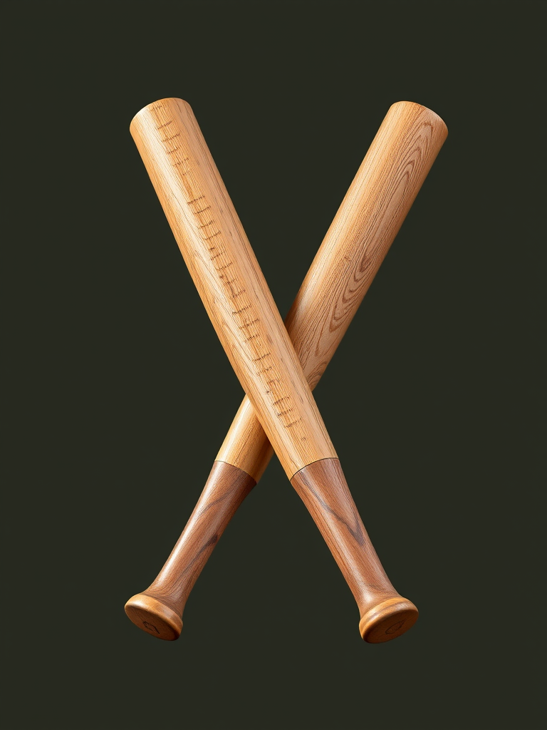 Create a high-resolution digital illustration of two wooden baseball bats crossed in an X shape, using a Canon EOS R5 with an aperture of f/4, ISO 100, and a focal length of 50mm from a slightly elevated front view, in soft natural lighting for enhanced detail and texture.