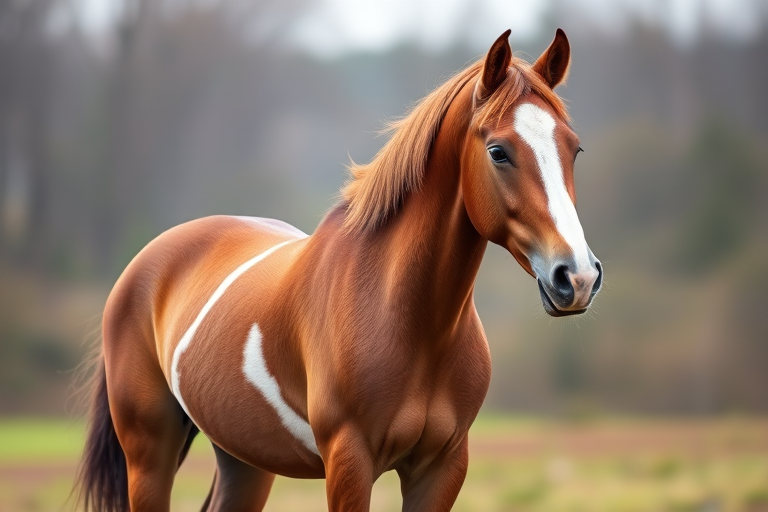 Create a high-resolution digital illustration of a standing chestnut horse with white markings, using a Canon EOS 5D Mark IV with an 85mm lens, aperture set to f/2.8, ISO 100, and a shallow depth of field to emphasize the horse against a blurred background.