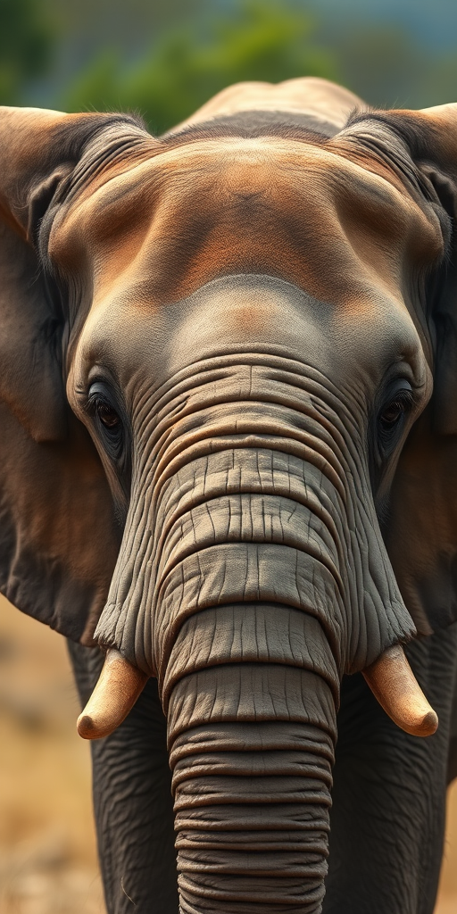 Close-up shot of an elephant's head in a natural setting, aperture f/2.8, shutter speed 1/250s, ISO 200, macro lens, soft focus background to enhance details.