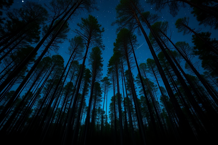 Create a serene night forest scene with tall, slender trees reaching towards a starlit sky, emphasizing a gradient of deep blues and greens, captured with a DSLR camera at f/2.8, ISO 800, 24mm lens in a landscape orientation for vibrant colors and sharp detail.