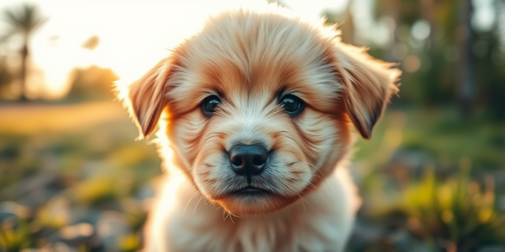 Capture a close-up of a fluffy puppy in a natural outdoor setting, with a shallow depth of field to blur the background, using a DSLR camera at f/2.8, ISO 200, 1/500s, golden hour lighting for soft shadows and warm tones, shot from eye level to emphasize the puppy's facial features.