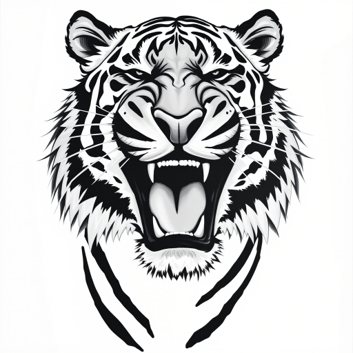 Abstract black and white acrylic portrait of an over exaggerated laughing (tiger). Minimalism style. White background.