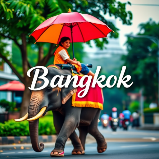 Create a vibrant image of an elephant carrying a person under an umbrella with the text "Bangkok" in a stylish font, using a DSLR camera with a 50mm lens, aperture set to f/2.8, ISO 100, and a shallow depth of field to enhance the colors and focus on the subject.