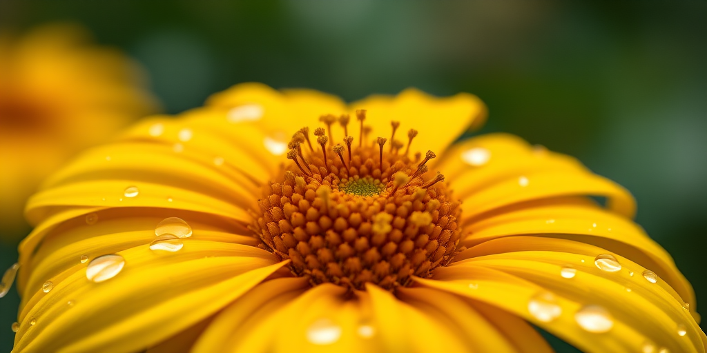 macro shot of a vibrant yellow flower with raindrops on its petals, softly blurred background, f/2.8 aperture, 1/200 sec shutter speed, ISO 100, taken with a DSLR camera using a 100mm lens