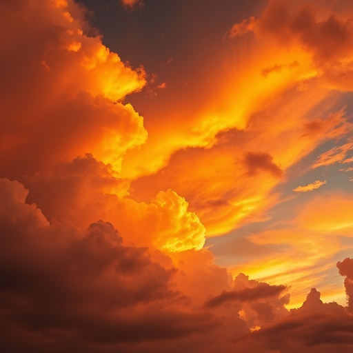 Vibrant sky filled with dramatic clouds in warm twilight colors, captured with a Canon EOS R5, 24mm lens, f/8 aperture, ISO 100, 1/250s shutter speed, high dynamic range, wide angle view, focusing on the interplay of light and color in the clouds.