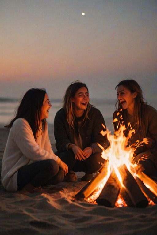 Blurry candid shot of a group of friends laughing around a bonfire on the beach, soft orange light from the flames illuminating their faces, with distant waves gently lapping at the shore under a starry sky.
