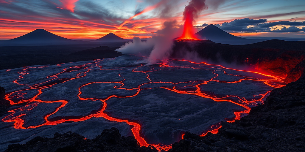 Create a dramatic landscape of an erupting volcano at sunset with flowing lava rivers, captured with a Canon EOS R5 at f/8, 1/250s, ISO 200, wide-angle lens, low-angle view, in HDR style for enhanced detail and contrast.