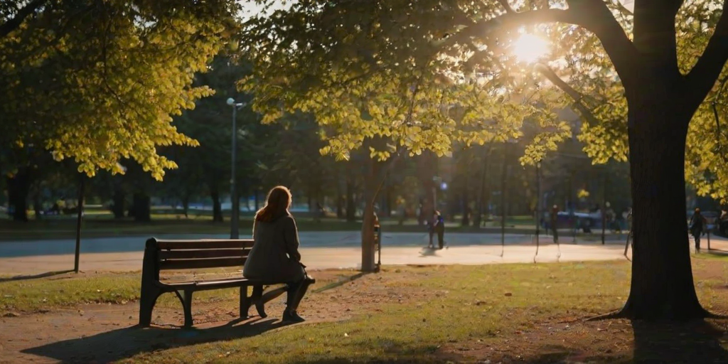 Woman sitting on a park bench at dusk, watching children play on a nearby playground, as the last rays of sunlight filter through the trees.