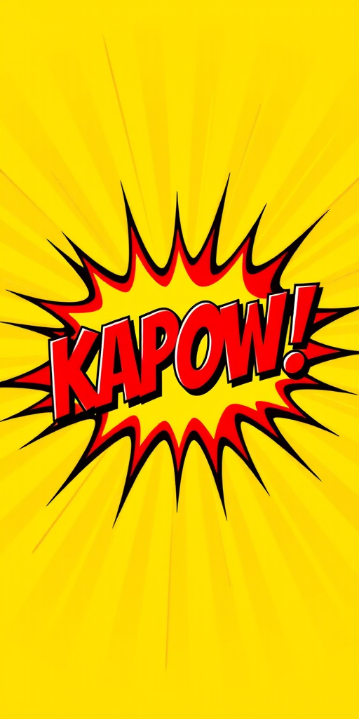 create an explosion cartoon graphic featuring the text KAPOW! in bold red letters with a bright yellow starburst background, use a digital camera with a 50mm lens at f/2.8, ISO 100, 1/200s shutter speed, shot from a slight upward angle to enhance color vibrancy and depth