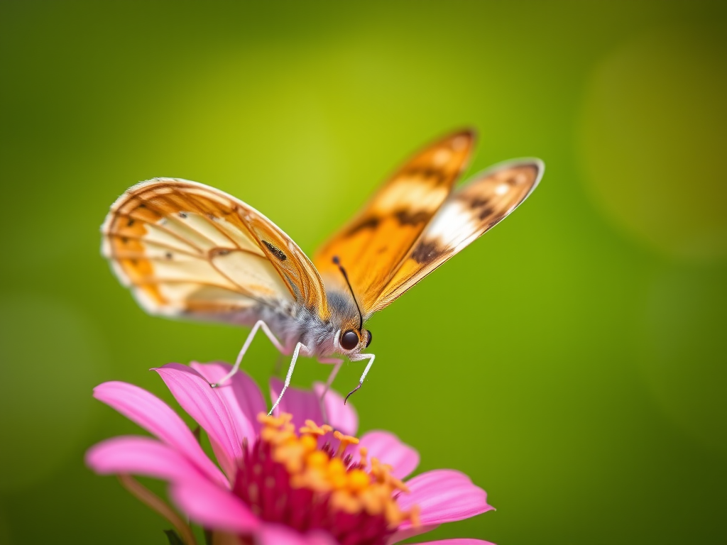 close-up shot of a butterfly perched on a flower with a blurred green background, aperture f/2.8, shutter speed 1/500s, ISO 200, macro lens, soft focus, natural light