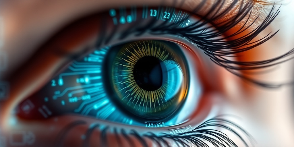 Close-up shot of a human eye with digital overlays of circuits and glowing data, ultra-high definition, aperture f/2.8, ISO 100, shutter speed 1/200s, using a macro lens on a DSLR camera, focus on the eye detail with a blurred background.