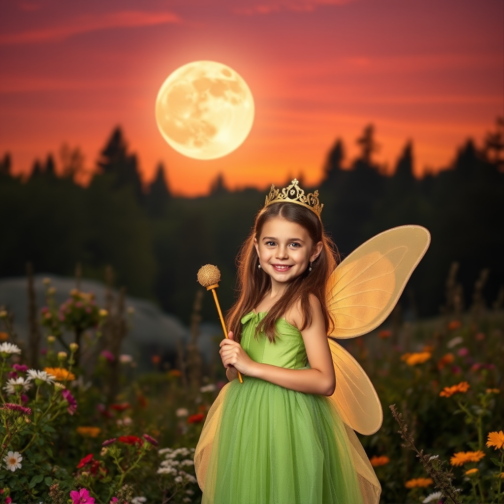 A vivid photo  taken under a bright camera flash of a fantastical scene set against a backdrop of a forest during sunset. The main subject is a girl dressed as a fairy, adorned with translucent wings and a green dress, holding a wand, her face is happy, and she wears a crown on her head. The forest behind her is a blend of flowers, shrubs and trees. The sky is painted in hues of orange and pink, with a large, glowing moon casting a warm glow over the scene. The overall color palette is dominated by earthy tones.