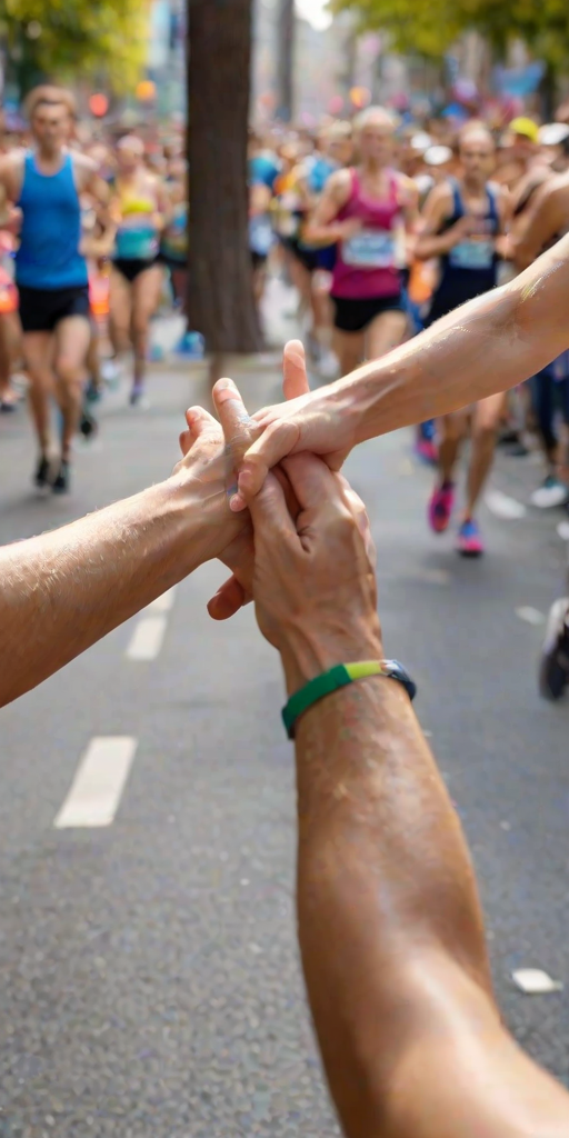 a close-up of two hands reaching out to each other during a marathon, with blurred runners in the background and a variety of colorful athletic wear