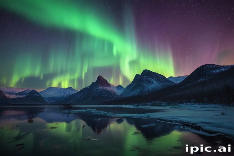 Majestic Northern Lights Dancing Over Snowy Mountains and Calm Waters