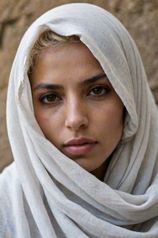 Create a close-up photographic image of a Arab woman with light skin tones shown against an old, worn wall. Their head is wrapped in a white cloth covering (i.e.... parts of the head except the nose and mouth, which are open as if they are screaming...), with a slight texture and visible folds in the fabric. Thin strands of blonde hair escape from the wrapping above, falling lightly at the top and sides. Their hands hold the fabric as if they are tugging nervously. The lighting is dramatic and even, casting strong shadows. The image has a minimalist and surreal style with an emphasis on simplicity with soft color tones. The composition is centered.