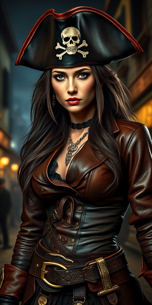 Create a portrait of a fierce female pirate. She wears a leather tricorn hat adorned with a skull and crossbones emblem, and her long, dark hair flows around her face. Her outfit consists of a richly detailed leather jacket, a corset, and multiple layers of belts and accessories, giving her a formidable and stylish appearance. She stands confidently in a dimly lit, historic port town, with a backdrop of weathered buildings and cobblestone streets, capturing the adventurous spirit of a pirate.