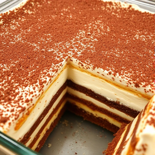A close-up view of a delicious layered tiramisu dessert in a glass dish showcasing the rich chocolate dusting on top and the creamy layers beneath with a portion cut out revealing the texture and layers inside.