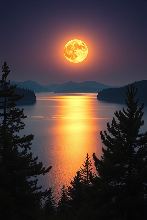 Create a high-resolution image of a surreal landscape featuring a glowing moon over a tranquil lake with pine trees in the foreground, captured with a Canon EOS R5, 24mm lens, f/2.8, ISO 100, long exposure at 30 seconds, captured at twilight with soft lighting and rich colors.