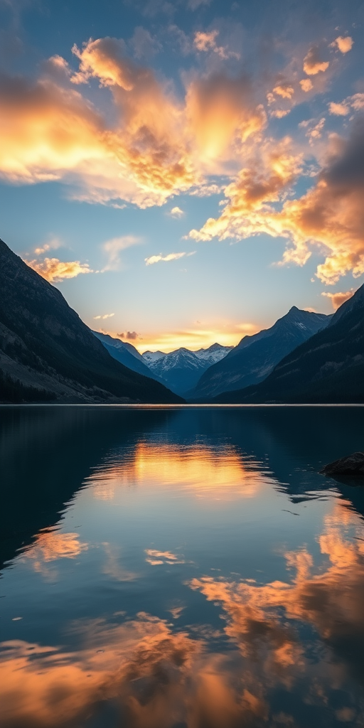 Photograph a sunset over a calm lake surrounded by mountains, using a wide-angle lens at f/11, ISO 100, shutter speed 1/250 sec, in RAW format, shot from a low angle to capture reflections in the water.