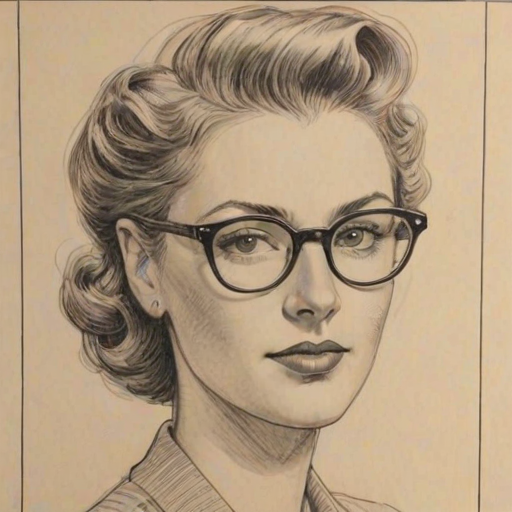 Delightful Edi Patterson, pencil sketch, portrait of Fetching woman 1943s in glasses, hair style beatnik, outline, clear lines, fine lines, 8k