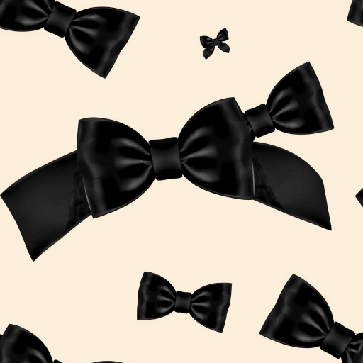 Create a seamless pattern featuring elegant black bows on a soft beige background. The bows should vary in size and orientation, showcasing intricate details and a glossy texture, with a sophisticated and stylish aesthetic.