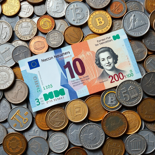 create a high-resolution digital illustration of a banknote surrounded by various coins, top view, use a Canon EOS R5 with a 50mm lens, aperture f/2.8, ISO 100, and natural lighting for vibrant colors and sharp details