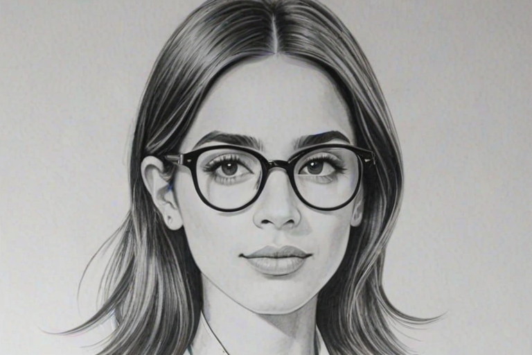 Captivating Naomi Scott, pencil sketch, portrait of Beauteous woman 1973s in glasses, hair style beatnik, outline, clear lines, fine lines, 8k