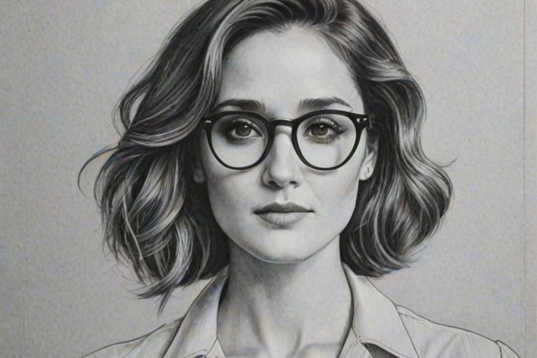 Magnificent Rose Byrne, pencil sketch, portrait of Exquisite woman 1980s in glasses, hair style beatnik, outline, clear lines, fine lines, 8k