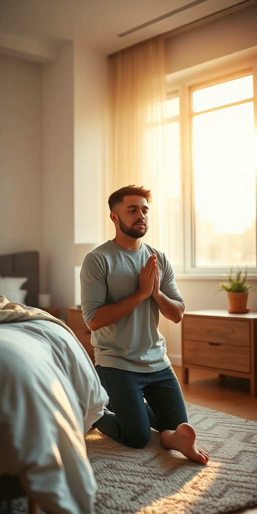 A young man kneeling in prayer beside a bed in a softly lit modern bedroom, natural daylight streaming through large windows, shallow depth of field, Canon EOS R5, 35mm lens, aperture f/1.8, ISO 200, golden hour lighting.