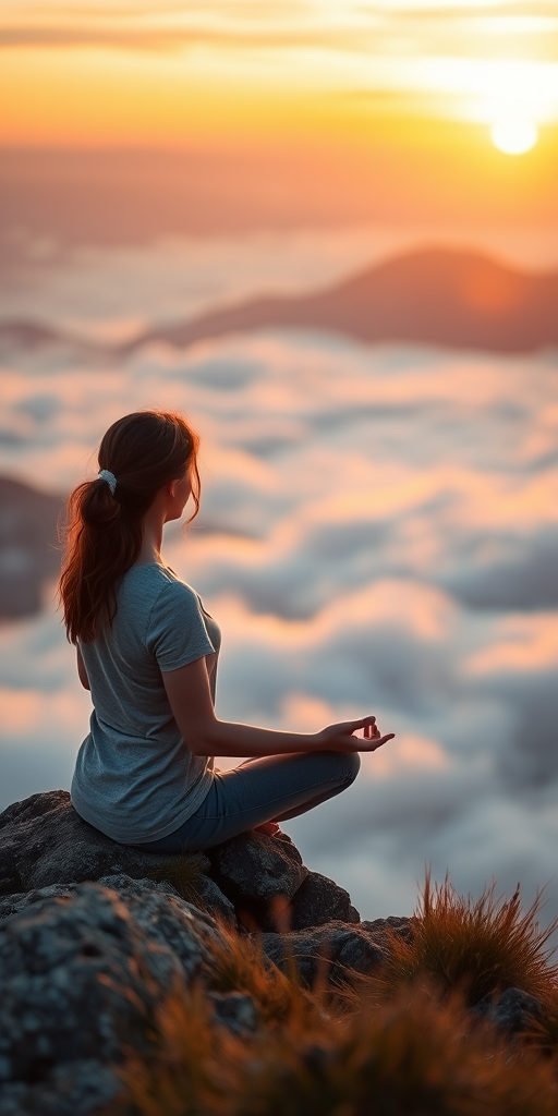Softly focused image of a young woman meditating on a mountain peak at sunrise, soft light from the rising sun illuminating the clouds below, with a sense of peaceful solitude in the scene.