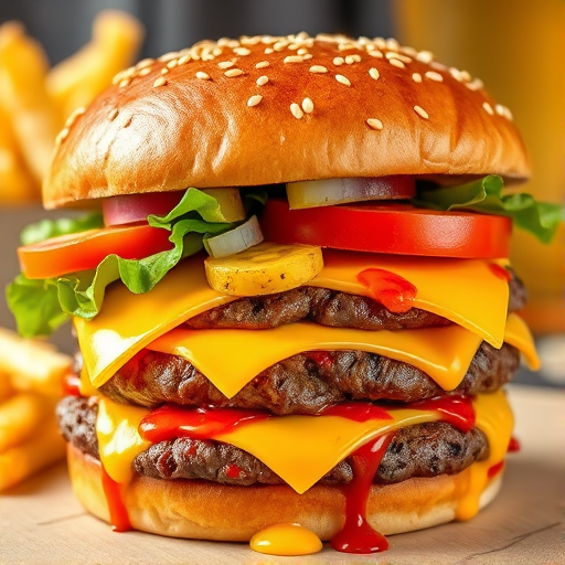 High-resolution, close-up image of a gourmet double cheeseburger. The burger features a glossy, sesame-seed-topped brioche bun. Inside, there are two thick, juicy beef patties, each topped with melted cheddar cheese. The burger is garnished with fresh lettuce, tomato slices, diced onions, and pickles. A generous amount of ketchup and a creamy, orange-colored sauce is dripping down the sides, adding to the mouth-watering appeal. In the background, there are blurred elements including a side of golden French fries and a hint of a beverage, enhancing the overall presentation of a delicious meal.