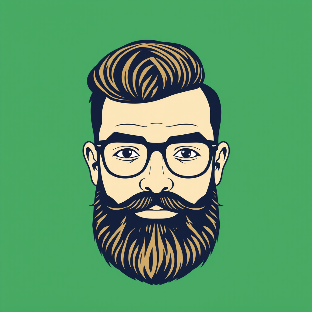 Create a vector graphic of a bearded man with glasses, minimalistic style, flat colors, green background, use a 50mm lens, f/1.8 aperture, ISO 100, shoot from eye level, enhance sharpness and contrast for a clean look.