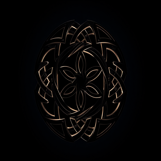 Create a high-resolution image of a symmetrical knot design featuring intricate patterns in a dark background with light accents, using a DSLR camera with a 50mm lens, aperture set to f/2.8, ISO 100, and a slight vignette effect for depth.