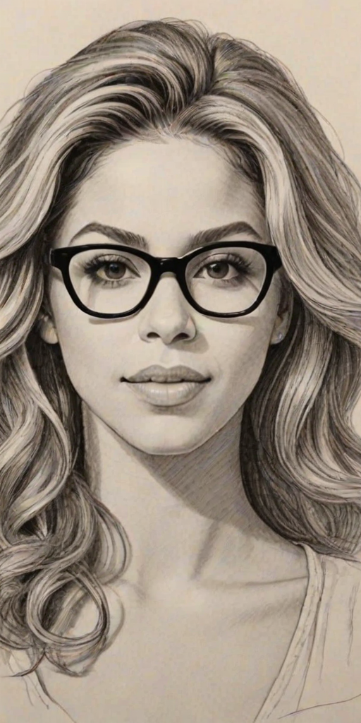 Comely Shakira, pencil sketch, portrait of Ravishing woman 1957s in glasses, hair style beatnik, outline, clear lines, fine lines, 8k