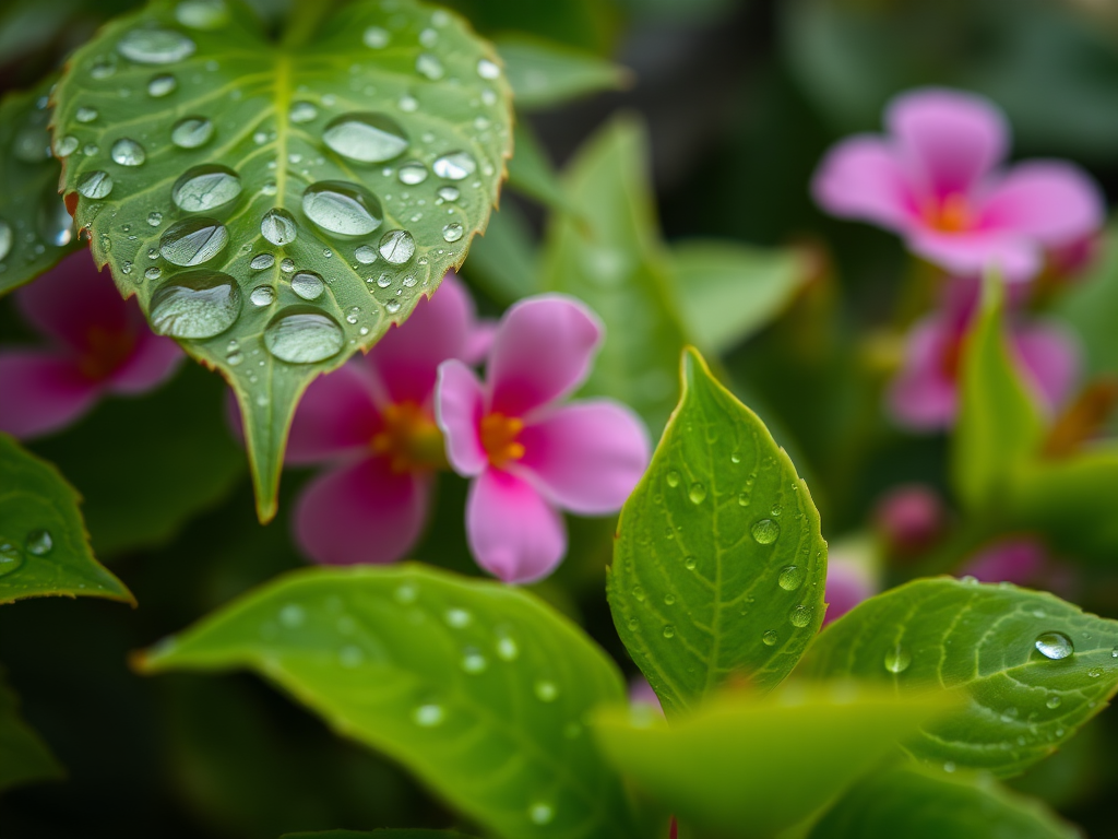 macro shot of green leaves covered in water droplets with some pink flowers in the background, f/2.8 aperture, 50mm lens, ISO 200, natural light, shallow depth of field, DSLR camera