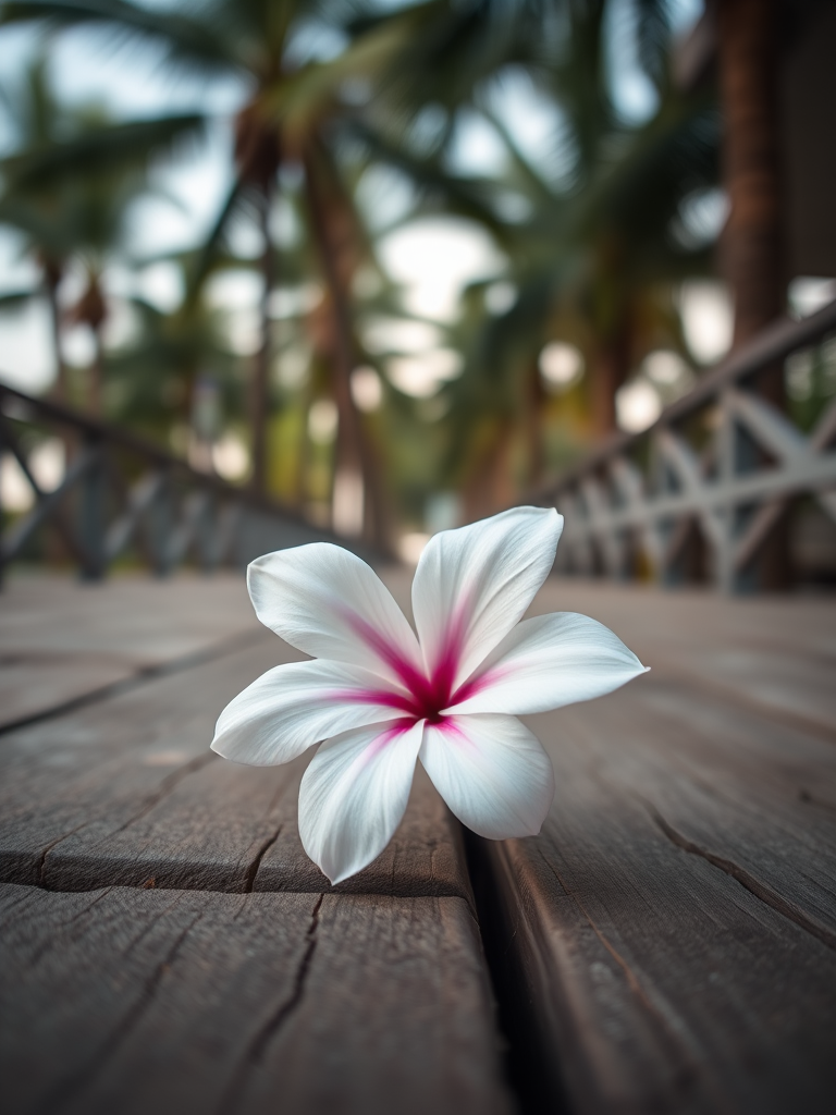 close-up of a white flower on wooden planks, blurred background of palm trees and railing, soft natural lighting, aperture f/2.8, shutter speed 1/200s, ISO 100, macro lens, DSLR camera