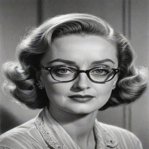Fascinating Bette Davis, pencil sketch, portrait of Magnificent woman 1950s in glasses, hair style beatnik, outline, clear lines, fine lines, 8k