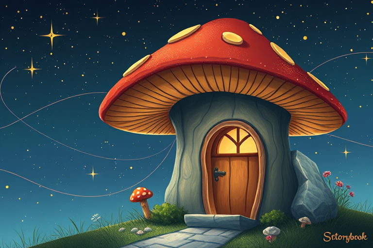 create illustration of a mushroom house with a door and a window, a storybook , fantasy art, mushroom house, bg starry sky, sparkles