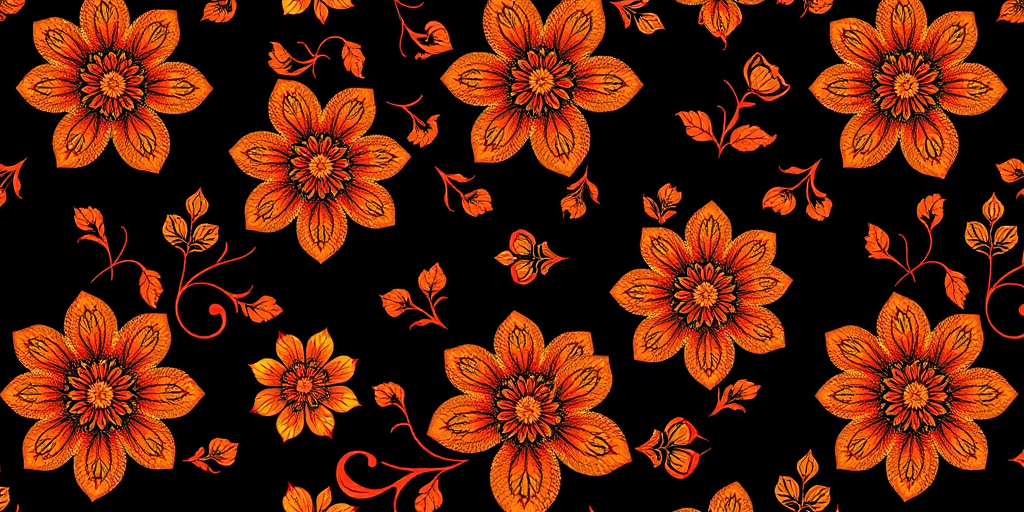 Create a seamless pattern of intricate floral designs in warm tones of orange and gold on a solid black background, captured with a Canon EOS 5D Mark IV, using a 50mm lens, f/8 aperture, ISO 100, and a top-down view for clarity and detail.